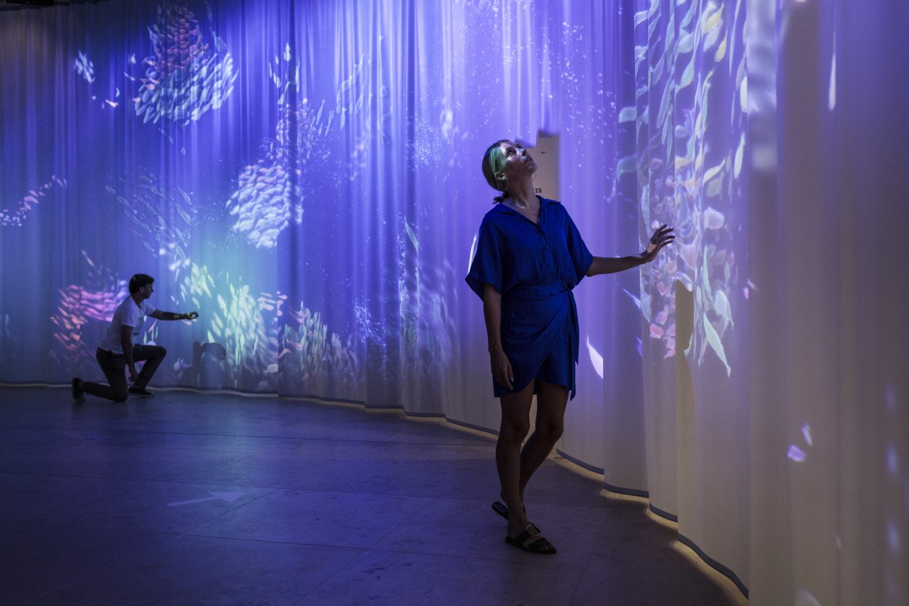 Interaktive Projektion eines Fischschwarms im Foyer des Humboldt Labors